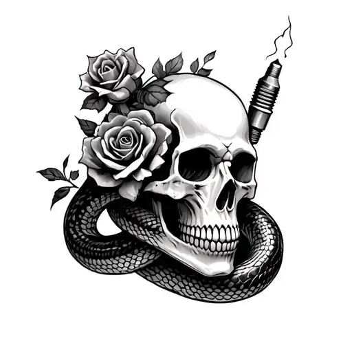 make a skull with a spark plug stuck in the top and wrapped in a snake, decorated with roses tattoo design idea