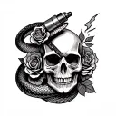make a skull with a spark plug stuck in the top and wrapped in a snake, decorated with roses tattoo design idea