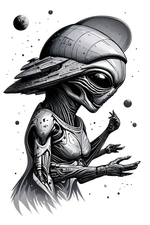 Alien and spaceship tattoo design idea