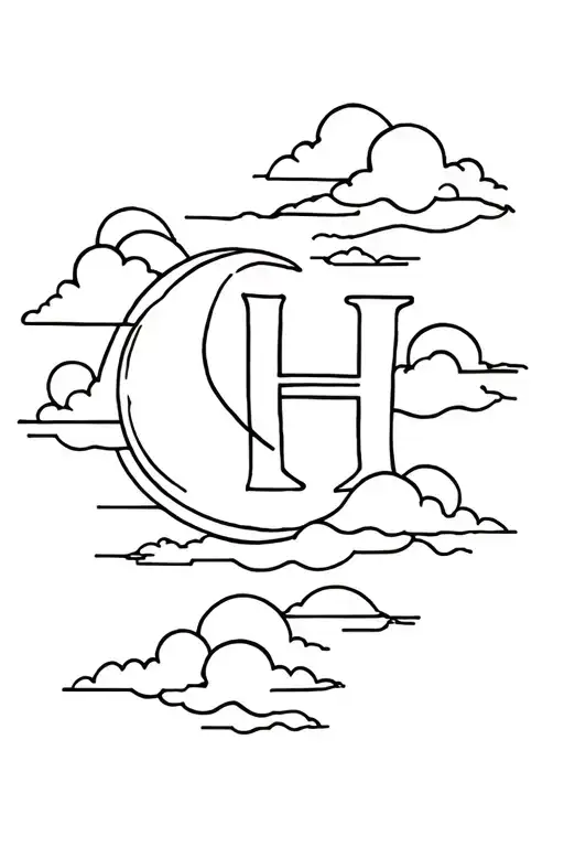 Moon and clouds with the letter H tattoo design idea