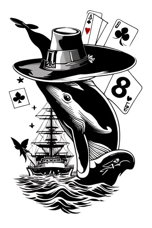 sleeve with us navy ship, a whale, an 8 ball, playing cards, a seahawk, and a magicians hat tattoo design idea