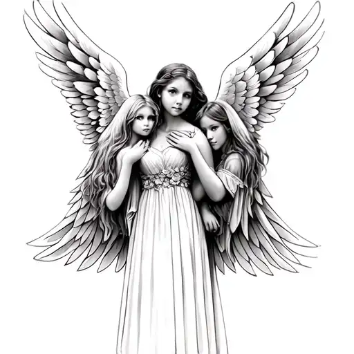 In memory of my daughter Kaylee with wings protecting over her older sisters Cassandra and Ashley tattoo design idea