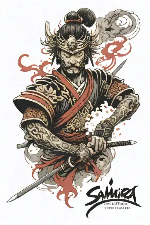 Japanese samurai tattoo with glowing smoke coming out of the eyes/mask and bits of red in the background (like paintbrus tattoo design idea