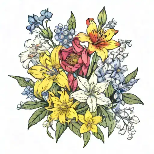 A flower collage of flowers : gladious, poppy, daffodils, jonquils, delphinium, water lilies, an oriental lily, and a wh tattoo design idea