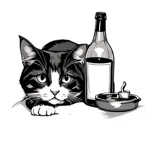 cat with ashtray and a wine bottle  tattoo design idea
