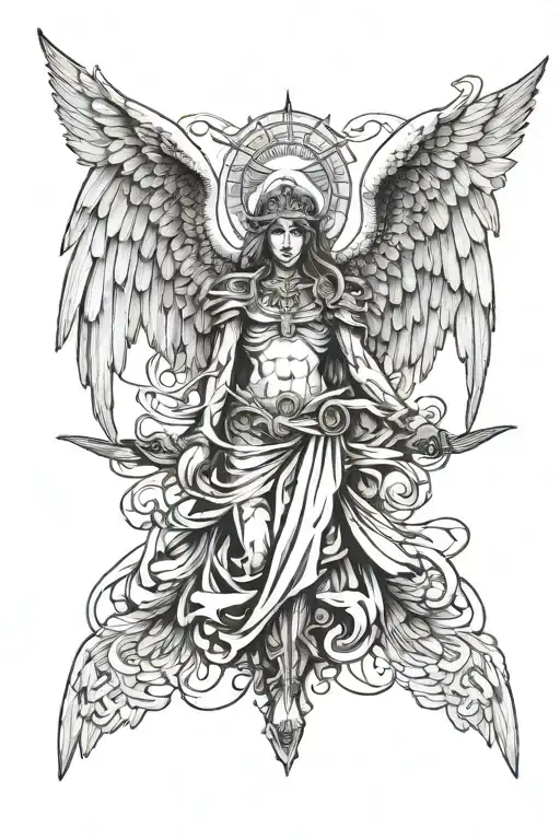 A tattoo design featuring a powerful angel with six wings and a multitude of menacing mad eyes, symbolizing the struggle between good and evil tattoo design idea