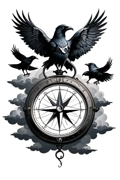 broken nautical compass with 3 ravens and clouds surrounding tattoo design idea