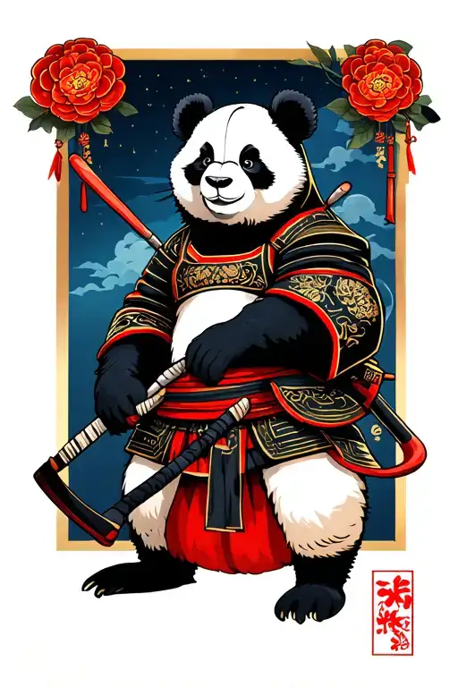 Panda Samurai against the backdrop of night tattoo design idea