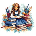 An American Girl doll dressed as a fantasy author, surrounded by magical books and writing tools tattoo design idea