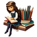 An American Girl doll dressed as a fantasy author, surrounded by magical books and writing tools tattoo design idea
