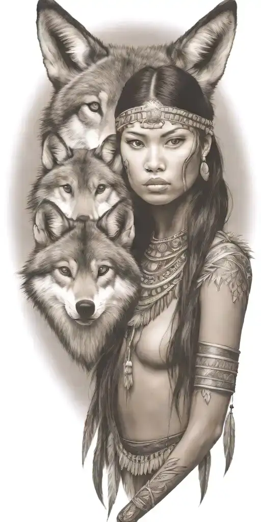 young adorable navajo woman full body  wolf tattoo design idea