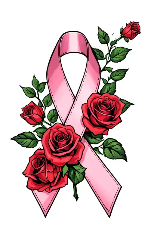 the pink breast cancer awareness ribbon with red roses and their stems wrapped around it tattoo design idea