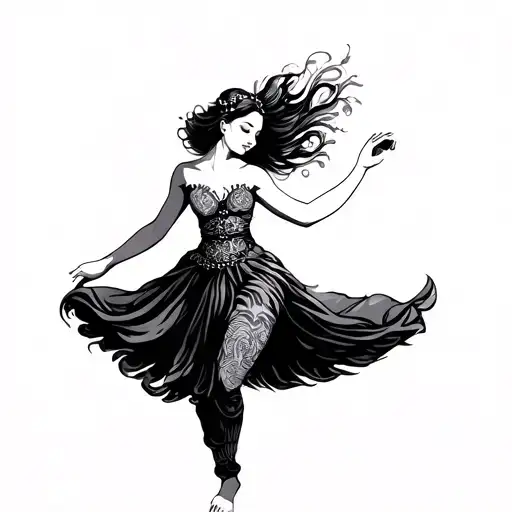 tattoo design style, bold outlines, high contrast, vertical layout A beautiful woman dancing alone in a traditional squa tattoo design idea