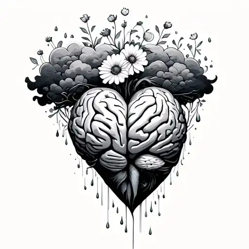brain at the top in clouds raining down on a heart growing flowers. fine line tattoo design idea