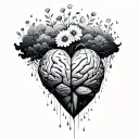 brain at the top in clouds raining down on a heart growing flowers. fine line tattoo design idea