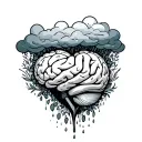 brain at the top in clouds raining down on a heart growing flowers. fine line tattoo design idea