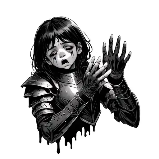 An adult cute girl in armor. falls into the abyss. pulls his hands in front of him and cries tattoo design idea
