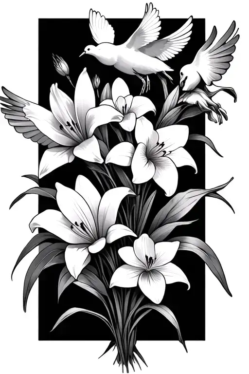 a flower group with lilies, orchid, daffodils, and two doves tattoo design idea