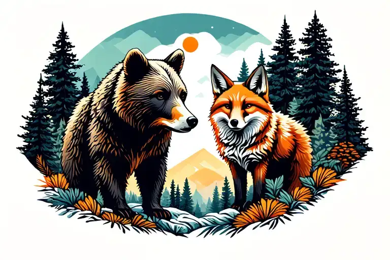 bear and fox in forest landscape tattoo design idea