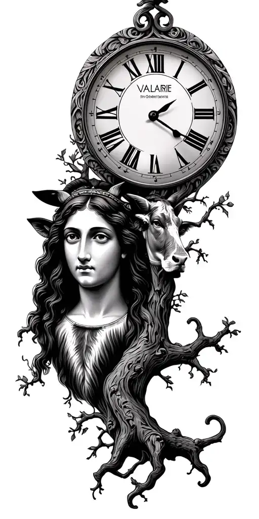 old clock with jesus face. a black cow and the face of a beautiful woman with the name valarie. tribal look narrled tree tattoo design idea