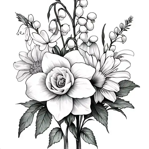 daffodil, rose, lily of the valley, larkspur, aster, poppy, marigold tattoo design idea