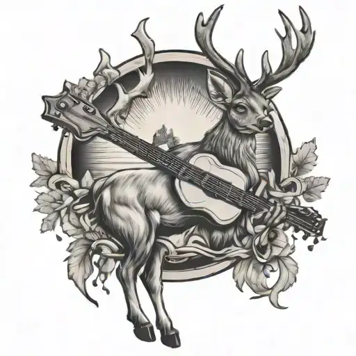 A majestic deer with a guitar incorporated into its antlers, showcasing the client's passion for hunting and country music tattoo design idea