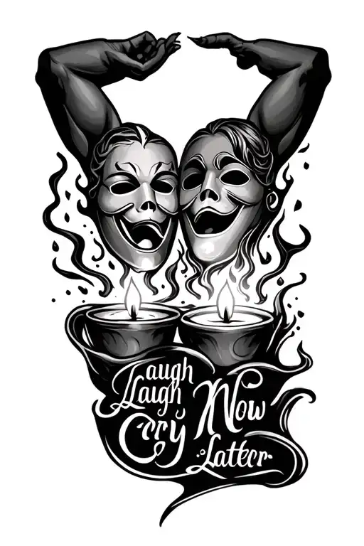 Laugh Now Cry Later 2 Mask and Candle Burning at both ends together for an inner bicep tattoo design idea