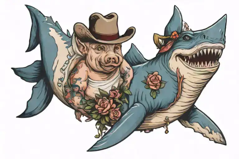 pig wearing a wedding dress standing next to a great white shark wearing a cowboy hat tattoo design idea