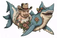 pig wearing a wedding dress standing next to a great white shark wearing a cowboy hat tattoo design idea