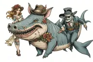 pig wearing a wedding dress standing next to a great white shark wearing a cowboy hat tattoo design idea