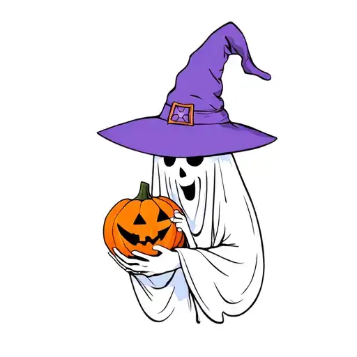 ghost wearing purple witch hat holding an orange pumpkin  tattoo design idea