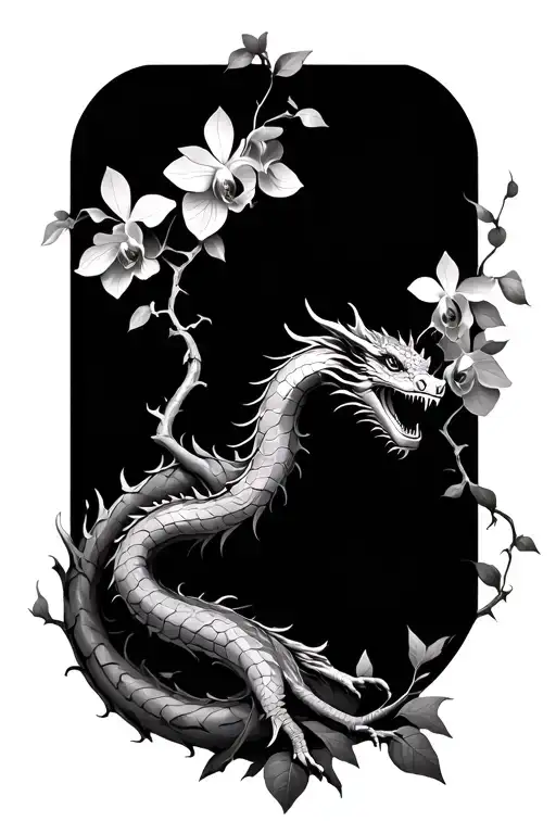 tree trunk with dragon wrapped and orchid vine wrapping tattoo design idea