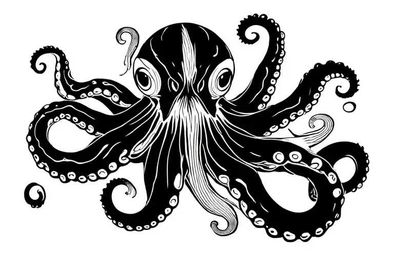 A tatoo in black and white representing an octopus in the style of katsushika hokusai, in outline only.  tattoo design idea