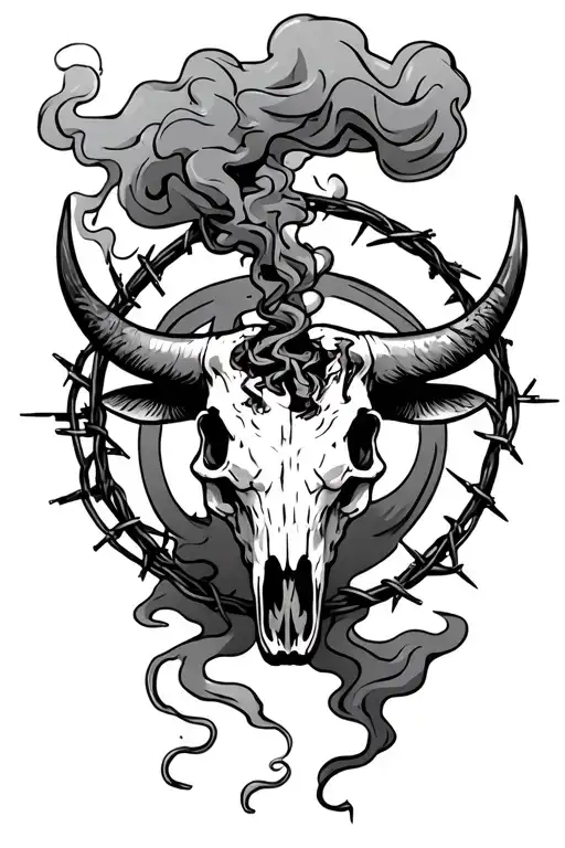 bull skull circled with barbed wire and smoke coming out of its nose tattoo design idea