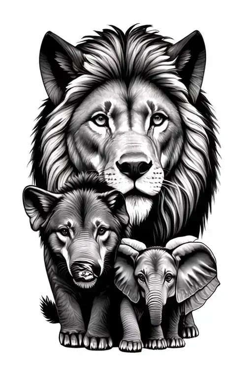 Family representative by male lion, wolf, wolf cub and baby elephant tattoo design idea