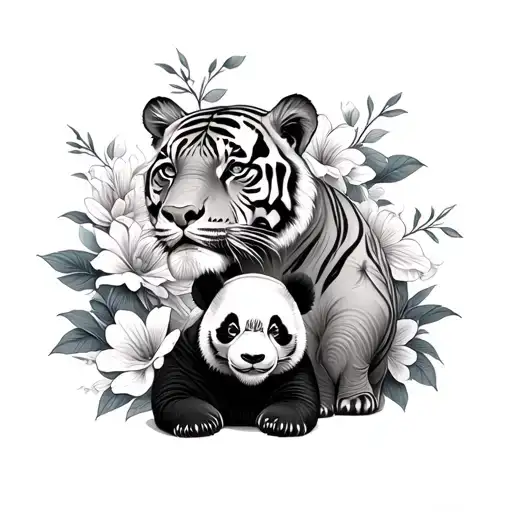 tiger, panda and elephant surrounded by Asian flowers tattoo design idea