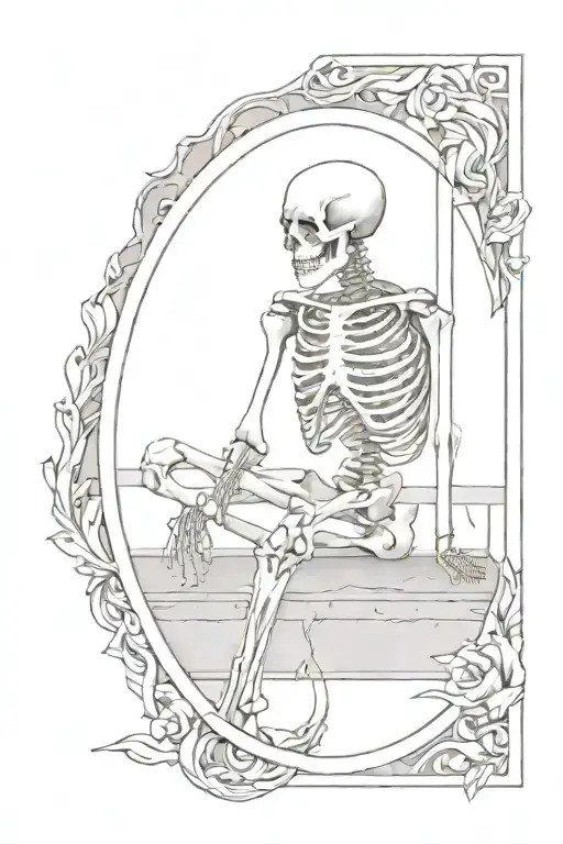 a skeleton sitting on the dock of a bay inside a picture frame tattoo design idea