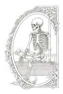 a skeleton sitting on the dock of a bay inside a picture frame tattoo design idea
