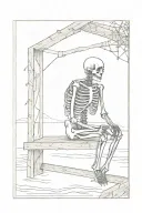 a skeleton sitting on the dock of a bay inside a picture frame tattoo design idea