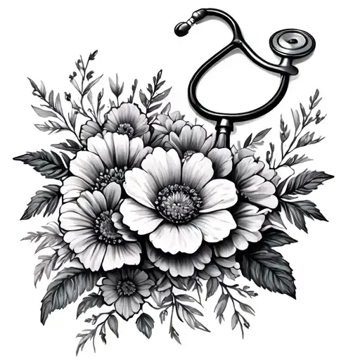 stethoscope made of flowers, fine line tattoo tattoo design idea