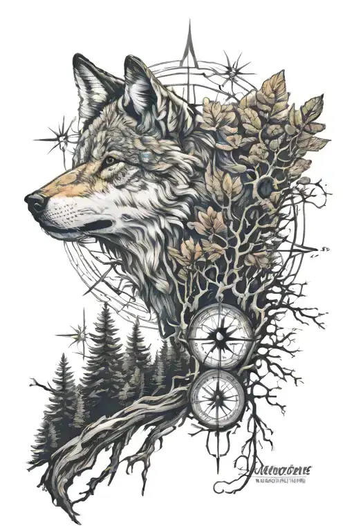 dense pineforest roots landscape  wolf compass tattoo design idea
