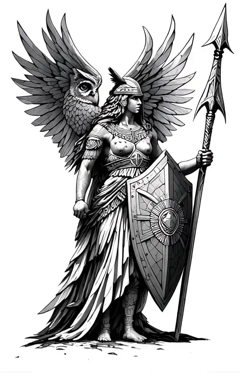 Athena holding spear and aegis shield and helmet, include owl symbology and geometric design work for a masculine feel tattoo design idea