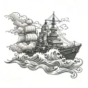 Waves overwhelming a battleship tattoo design idea
