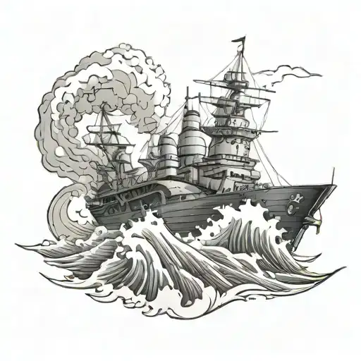 Waves overwhelming a battleship tattoo design idea
