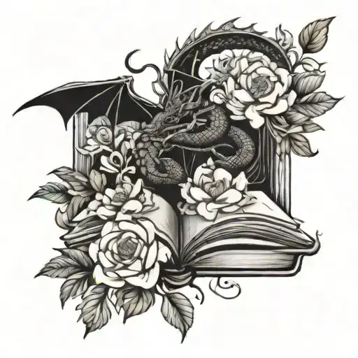 Dragon books surrounded by florals tattoo design idea