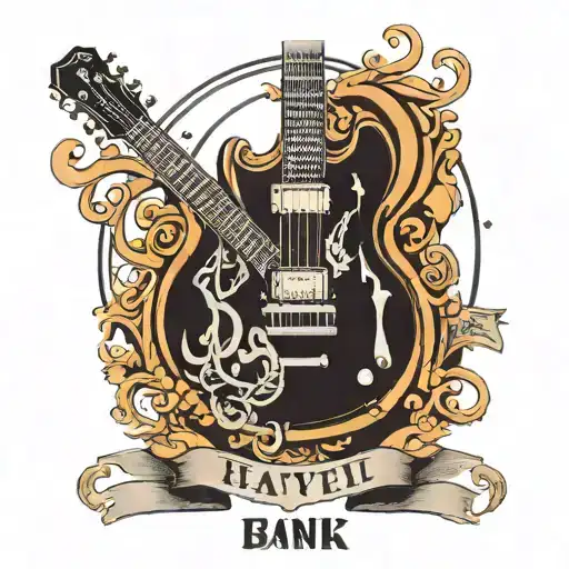 Create a sketch of a bank that depicts a guitar with the inscription heavy metal in gothic font and small font below, it causes tattoo design idea