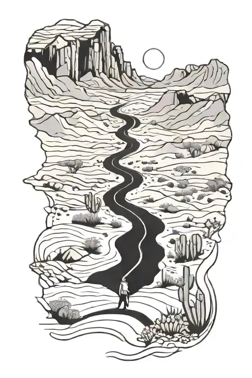 road in the desert to infinity with overcoming obstacles along the way, new encounters of happiness tattoo design idea