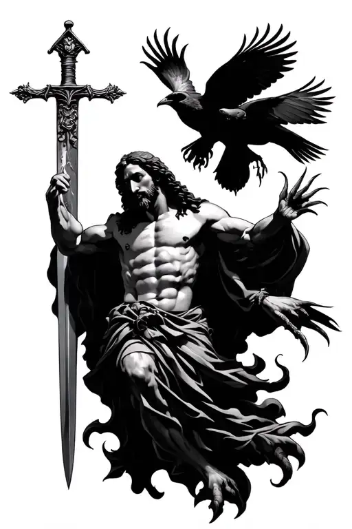 jesus on a sword with crows perched and flying with claws no background tattoo design idea