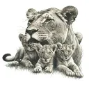 lioness plus 3 cubs playing in a field tattoo design idea