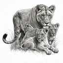 lioness plus 3 cubs playing in a field tattoo design idea